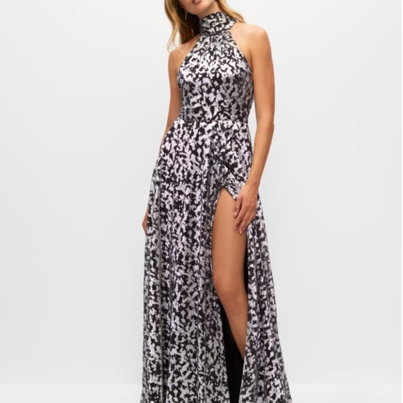 Melanie Lyne NWT Metallic Printed High Slit Gown Size 2 - Picture 2 of 7